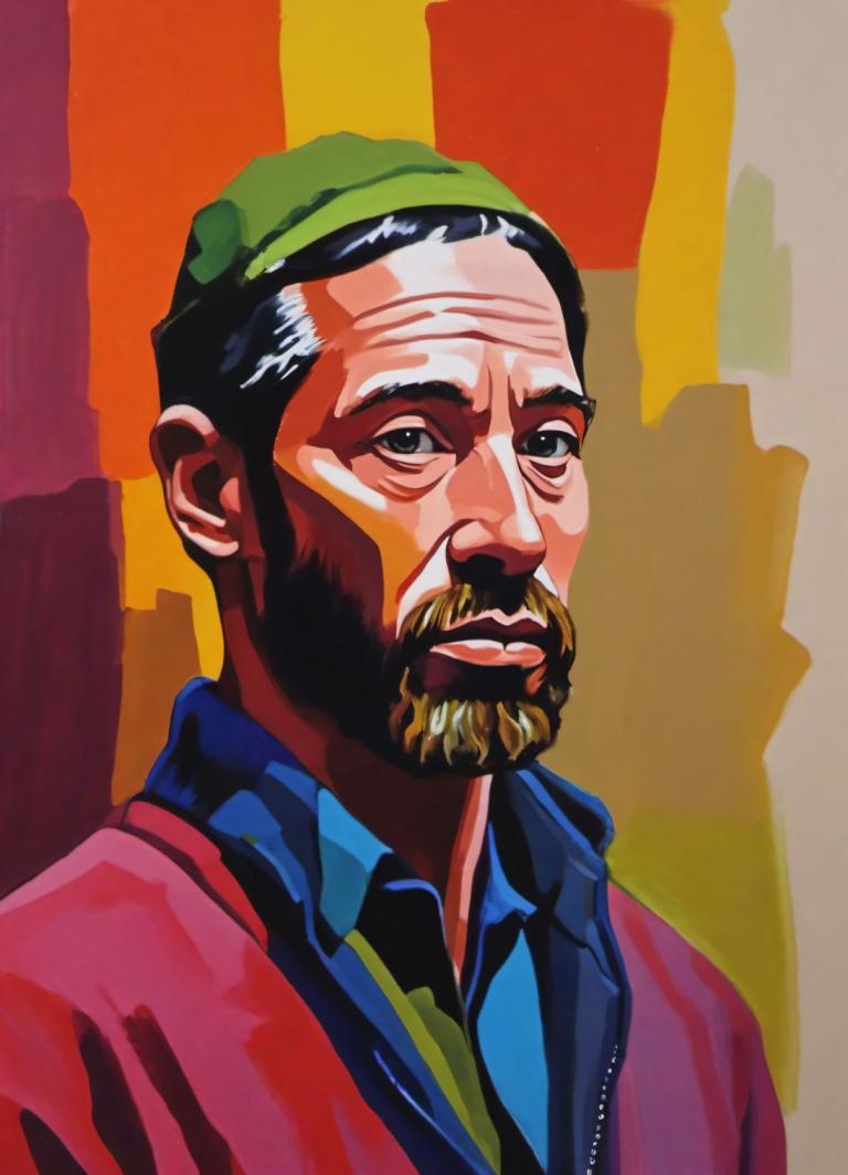 Gouache,Gouache, People, man, 1boy, facial hair, male focus, mustache, solo, black hair, beard