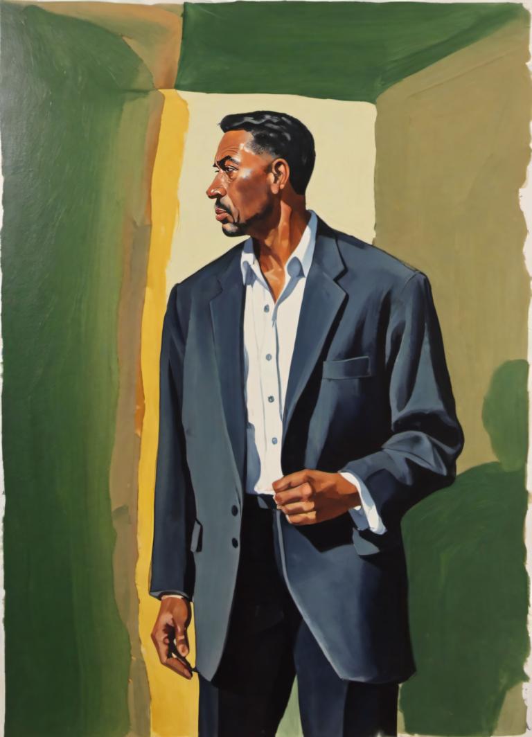 Gouache,Gouache, People, man, 1boy, male focus, solo, black hair, facial hair, shirt, dark skin, pants