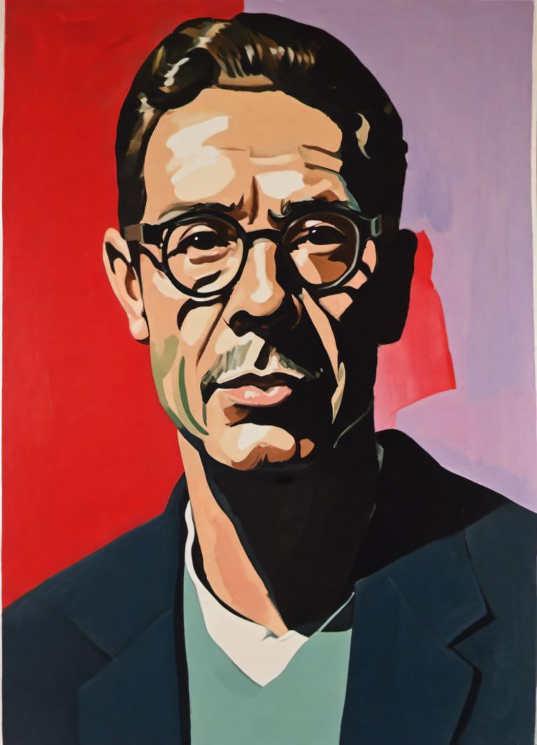 Gouache,Gouache, People, man, 1boy, male focus, solo, glasses, facial hair, red background, looking at viewer