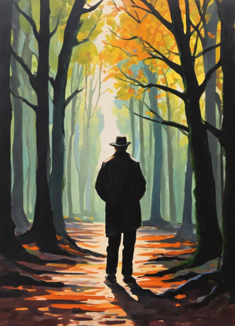 Gouache,Gouache, People, man, 1boy, hat, nature, tree, solo, male focus, forest, outdoors, fedora, autumn