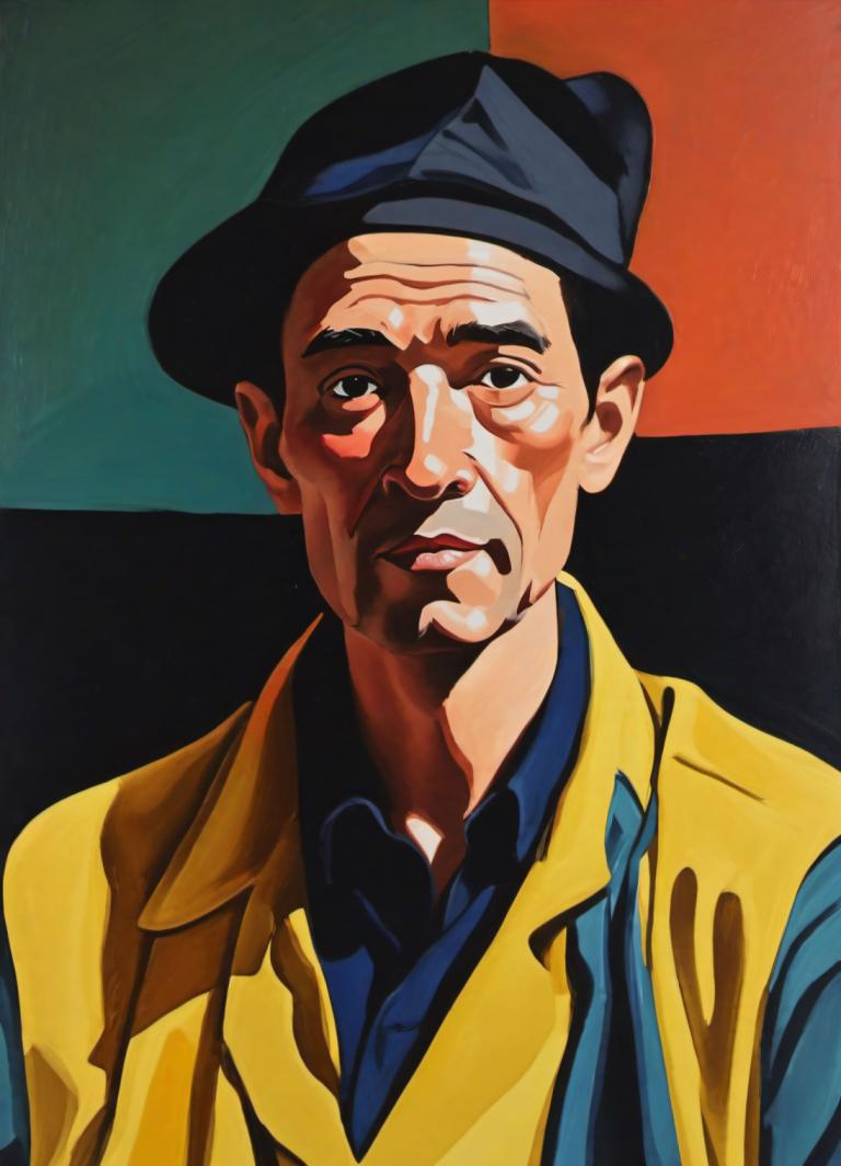 Gouache,Gouache, People, man, 1boy, male focus, solo, hat, shirt, blue shirt, vest, black headwear