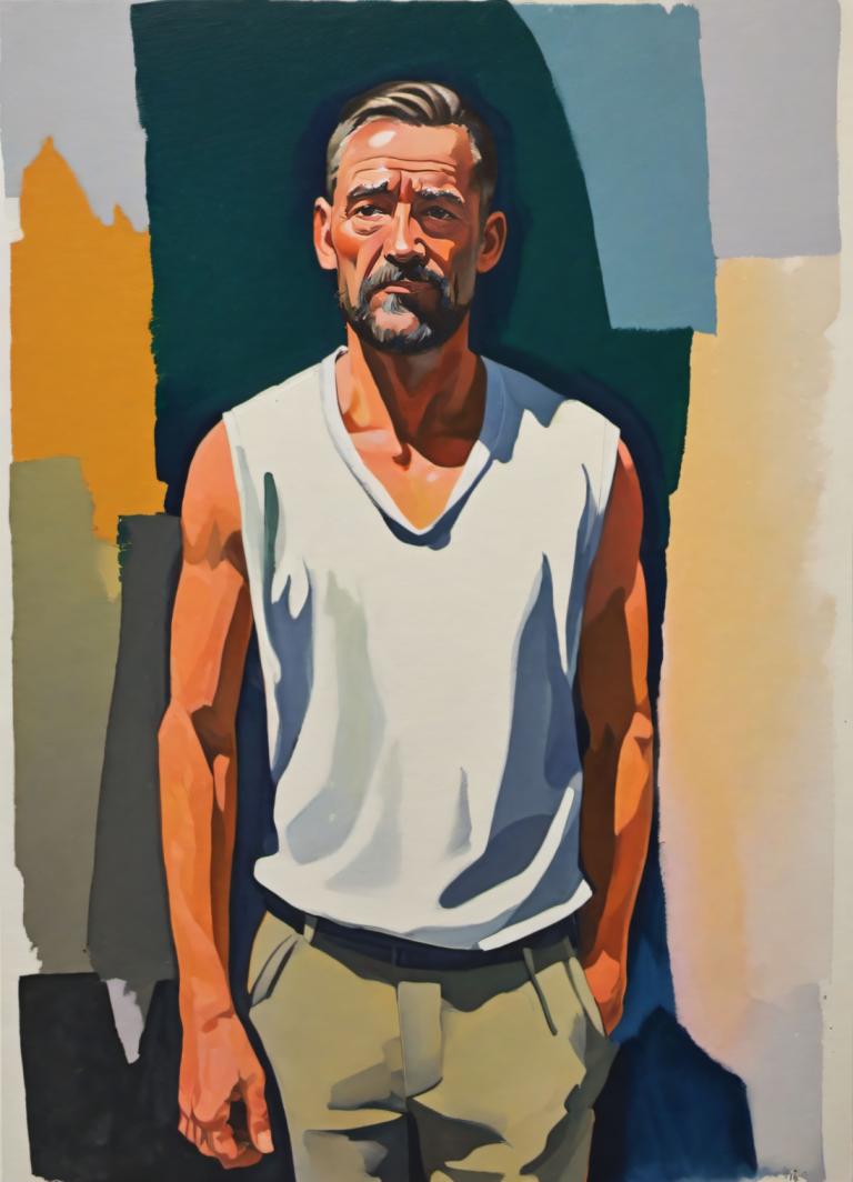 Gouache,Gouache, People, man, 1boy, male focus, solo, facial hair, beard, mustache, pants, shirt, tank top