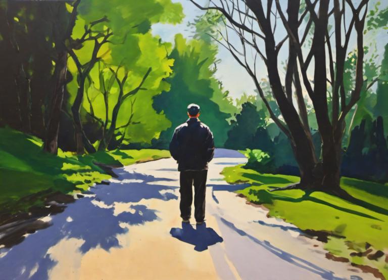 Gouache,Gouache, People, man, tree, 1boy, outdoors, road, male focus, solo, day, hat, from behind, pants, bag