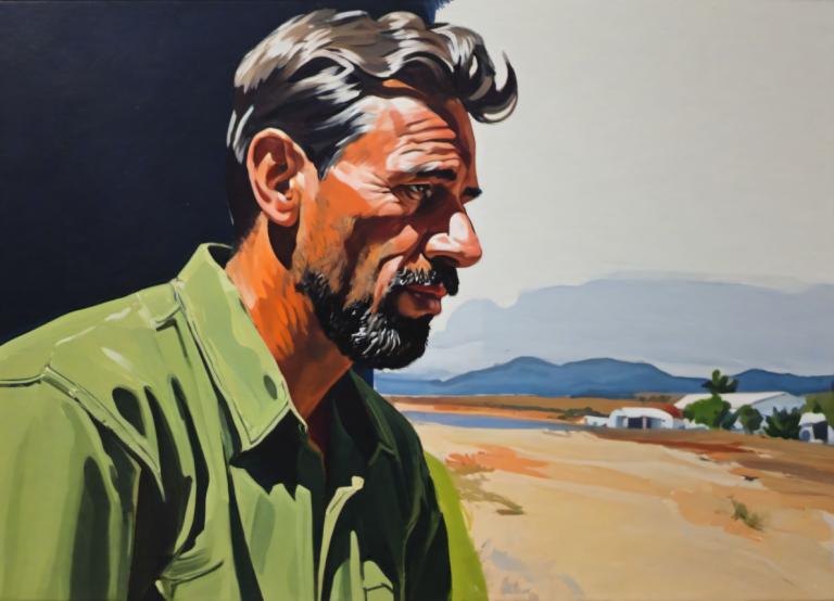 Gouache,Gouache, People, man, 1boy, male focus, facial hair, solo, outdoors, beard, green shirt, profile