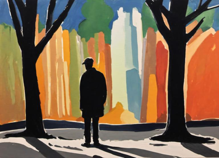 Gouache,Gouache, People, man, tree, 1boy, shadow, outdoors, male focus, solo, from behind, standing, coat