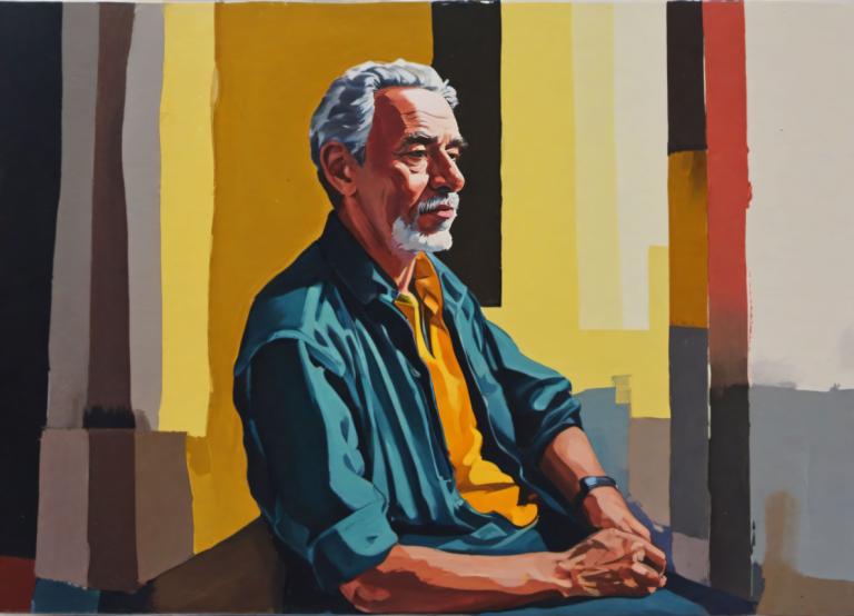 Gouache,Gouache, People, man, 1boy, male focus, solo, old, sitting, old man, facial hair, watch, wristwatch