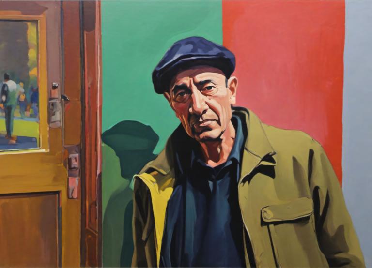 Gouache,Gouache, People, man, 1boy, male focus, hat, jacket, shirt, coat, open clothes, black shirt