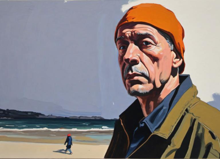 Gouache,Gouache, People, man, 1boy, male focus, beach, hat, facial hair, outdoors, ocean, day, black hair