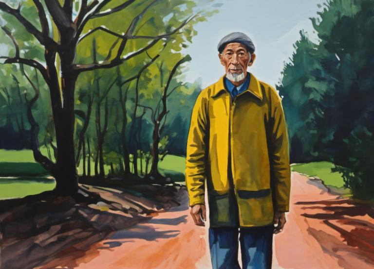 Gouache,Gouache, People, man, 1boy, male focus, solo, outdoors, tree, hat, day, pants, facial hair, jacket