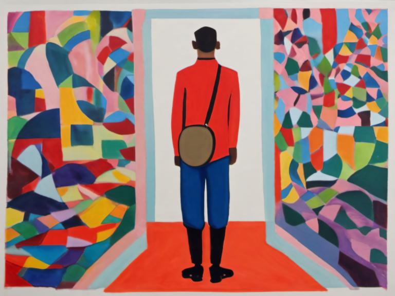 Gouache,Gouache, People, man, solo, 1boy, male focus, pants, from behind, black footwear, shirt, bag