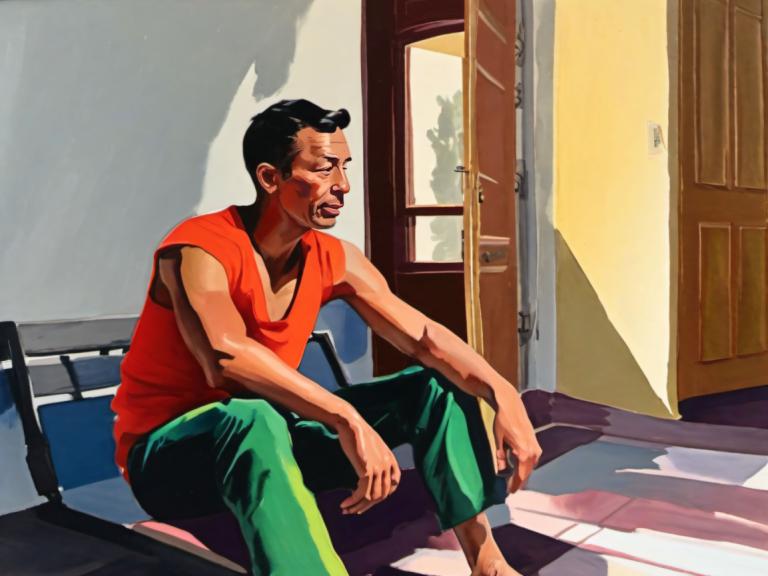 Gouache,Gouache, People, man, 1boy, male focus, solo, sitting, black hair, door, shirt, chair, indoors