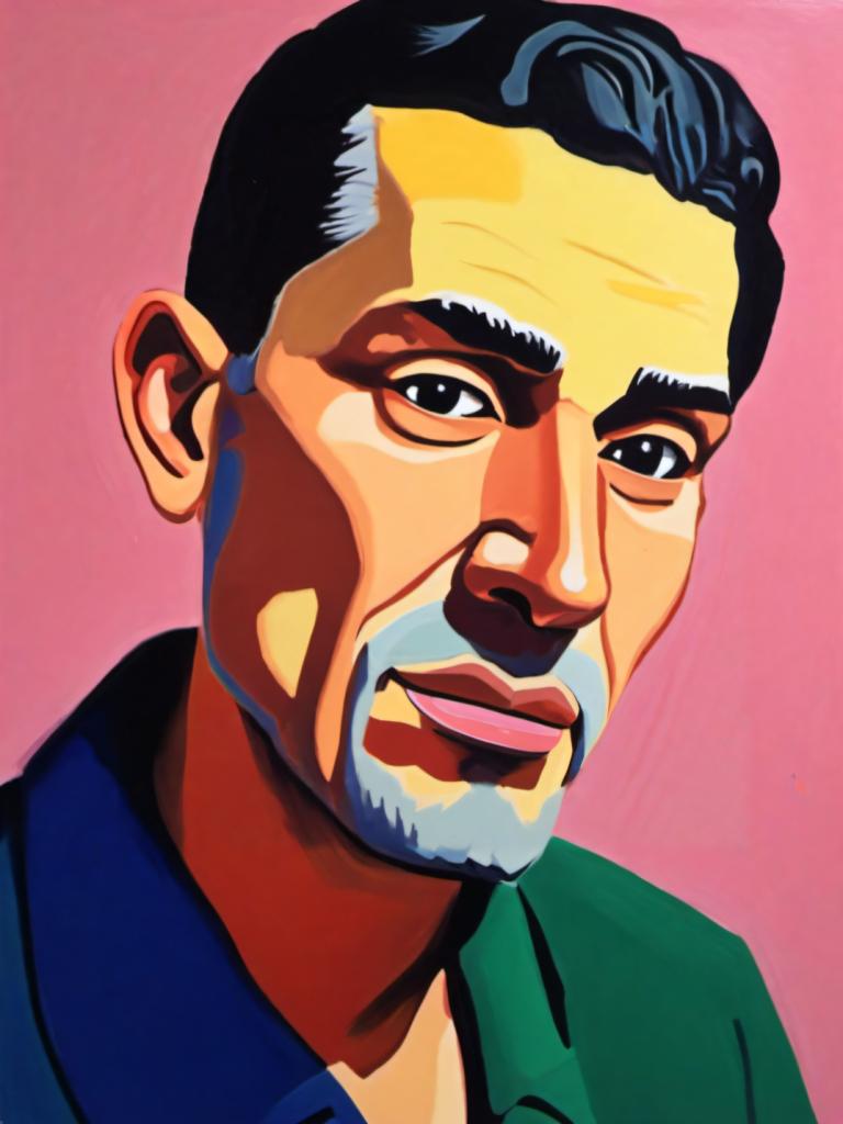 Gouache,Gouache, People, man, 1boy, solo, male focus, facial hair, black hair, pink background, black eyes