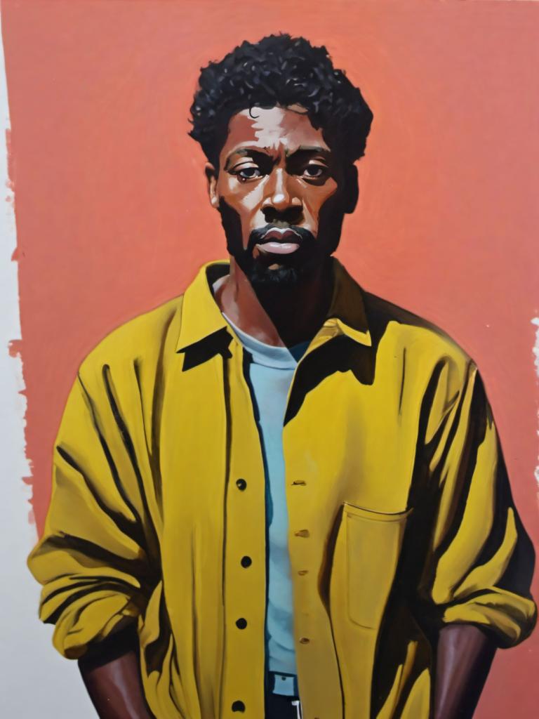 Gouache,Gouache, People, man, 1boy, male focus, dark skin, solo, afro, black hair, dark-skinned male