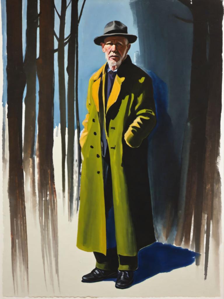 Gouache,Gouache, People, man, 1boy, male focus, solo, facial hair, hat, coat, beard, brown hair, mustache