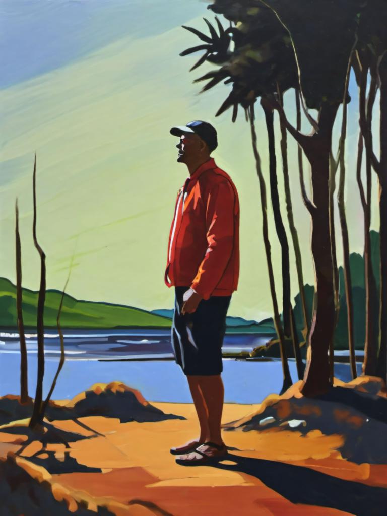 Gouache,Gouache, People, man, 1boy, male focus, solo, outdoors, hat, sandals, baseball cap, tree, jacket