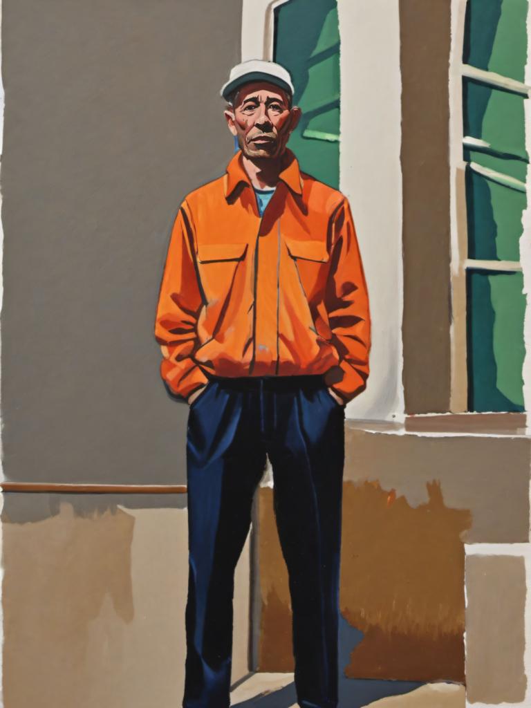 Gouache,Gouache, People, man, 1boy, male focus, solo, orange jacket, hat, pants, jacket, hands in pockets