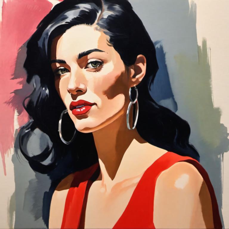 Gouache,Gouache, People, woman, 1girl, solo, jewelry, earrings, black hair, hoop earrings, lipstick