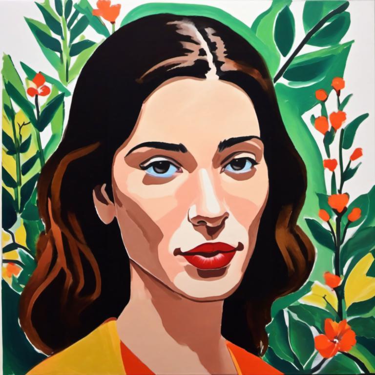 Gouache,Gouache, Menschen, Frau, Solo, 1Mädchen, Blume, braune Haare, Porträt, rote Lippen, lange Haare