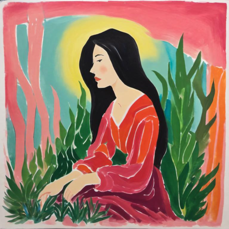 Gouache,Gouache, People, woman, 1girl, solo, black hair, long hair, plant, long sleeves, profile, red dress