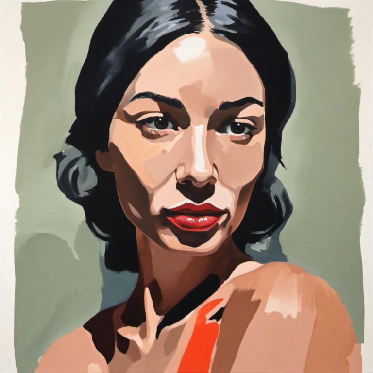 Gouache,Gouache, Mensen, vrouw, 1meisje, solo, zwart haar, rode lippen, lippenstift, bedenken, zwarte ogen