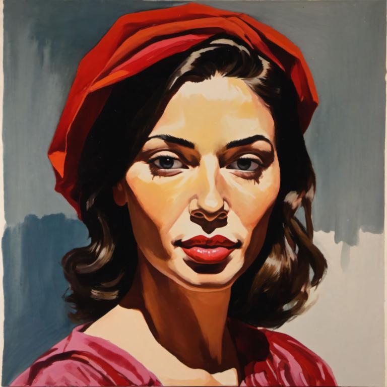 Gouache,Gouache, Mensen, vrouw, solo, 1meisje, rode lippen, zwart haar, bedenken, lippenstift, portret