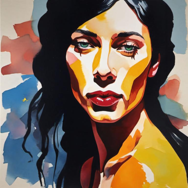 Gouache,Gouache, Oameni, femeie, solo, 1 fata, brunet, ochi verzi, par lung, inventa, portret, ruj