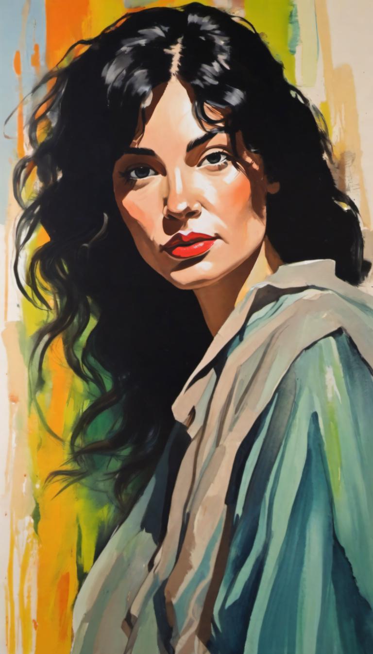 Gouache,Gouache, People, woman, 1girl, solo, black hair, long hair, black eyes, looking at viewer, red lips