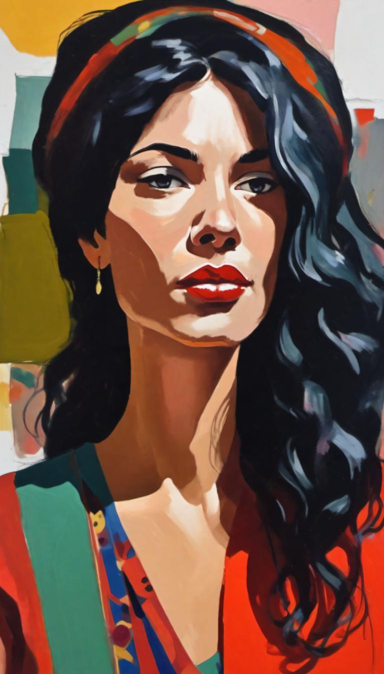 Gouache,Gouache, People, woman, 1girl, solo, black hair, jewelry, earrings, red lips, hairband, long hair