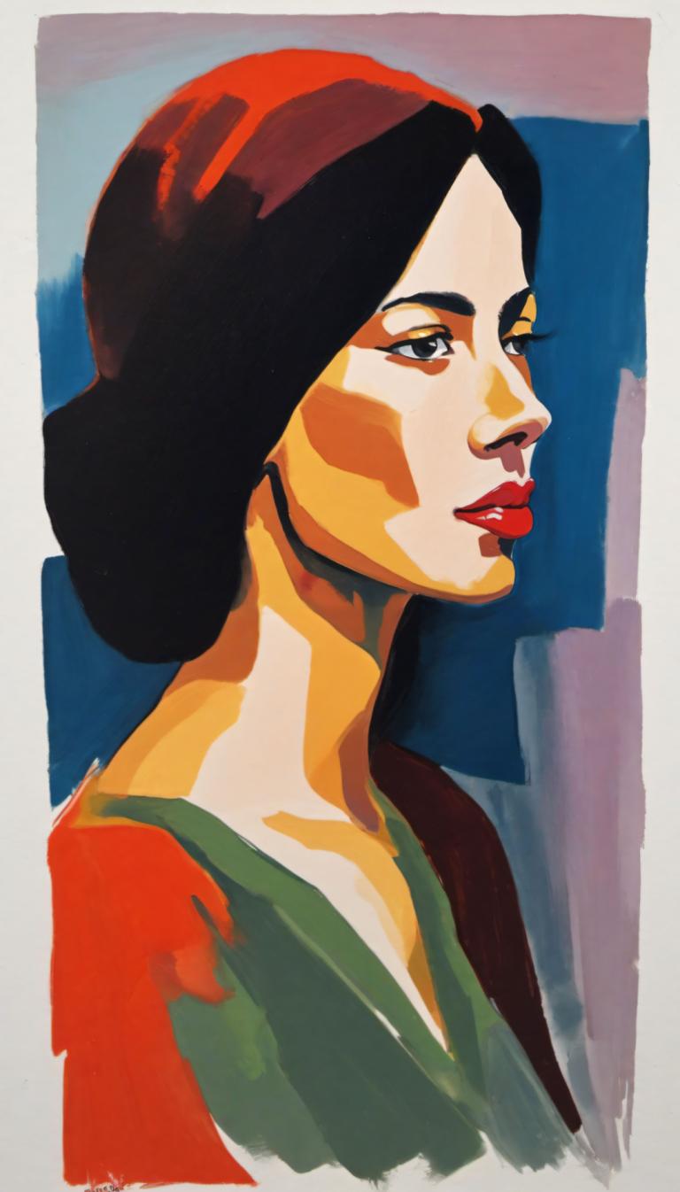 Gouache,Gouache, People, woman, solo, 1girl, black hair, red lips, signature, upper body, makeup, lipstick