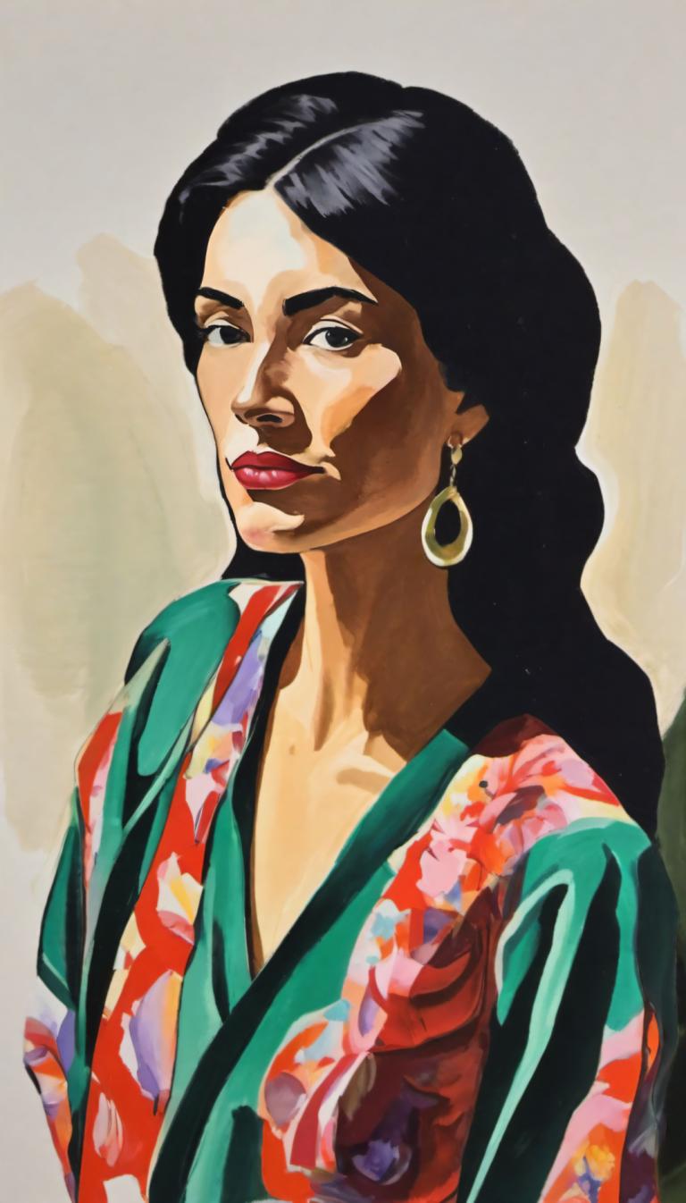 Gouache,Gouache, People, woman, 1girl, solo, jewelry, black hair, earrings, long hair, lipstick, black eyes