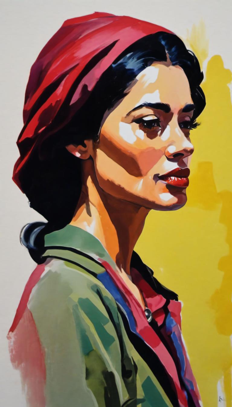 Gouache,Gouache, People, woman, solo, 1girl, black hair, head scarf, lipstick, upper body, facepaint, bandana