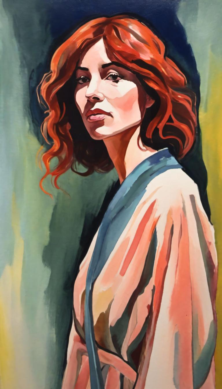 Gouache,Gouache, People, woman, 1girl, solo, red hair, upper body, robe, traditional media, lips, brown eyes