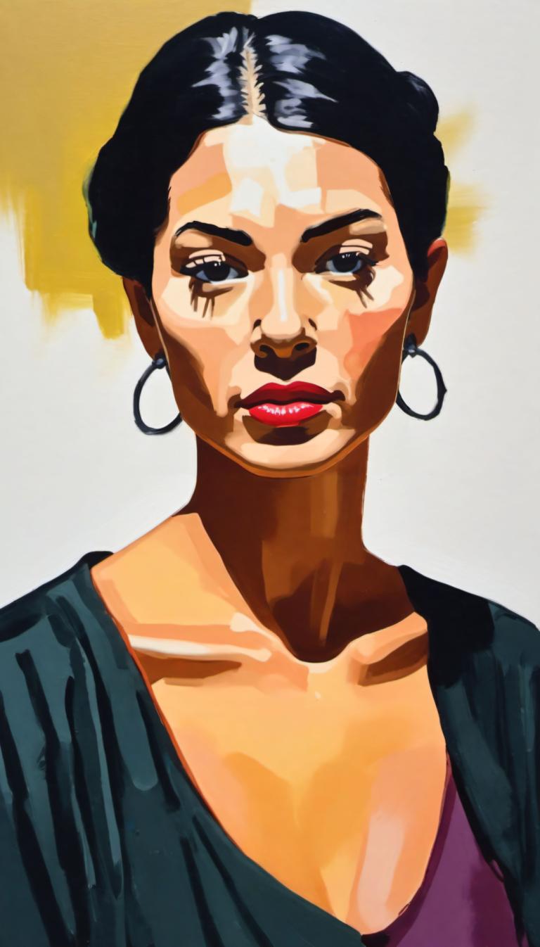 Gouache,Gouache, People, woman, 1girl, solo, jewelry, earrings, black hair, hoop earrings, lipstick, makeup