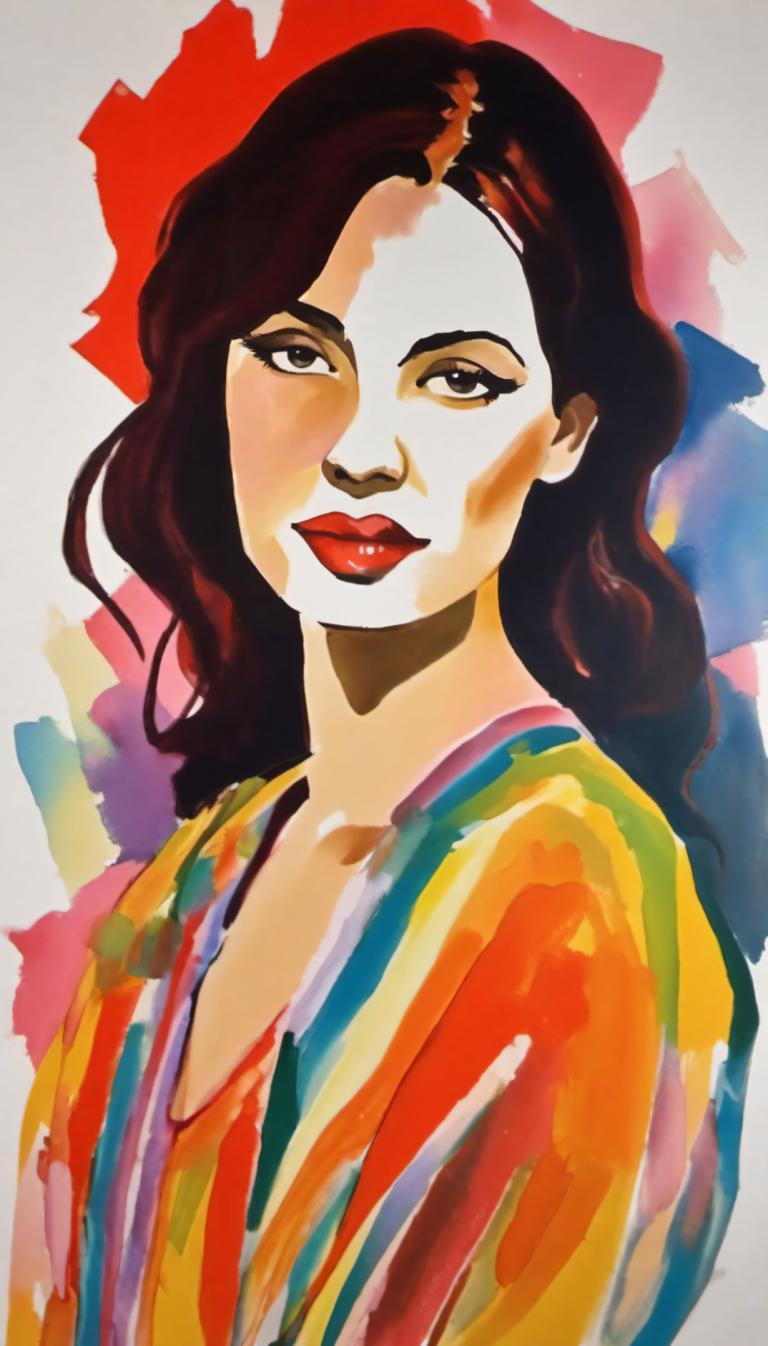 Gouache,Gouache, People, woman, 1girl, solo, brown hair, long hair, looking at viewer, red lips, makeup