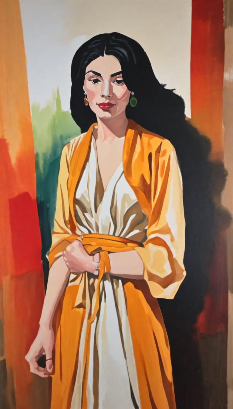 Gouache,Gouache, Gente, mujer, 1 chica, solo, pelo negro, joyas, pendientes, pelo largo, vestido