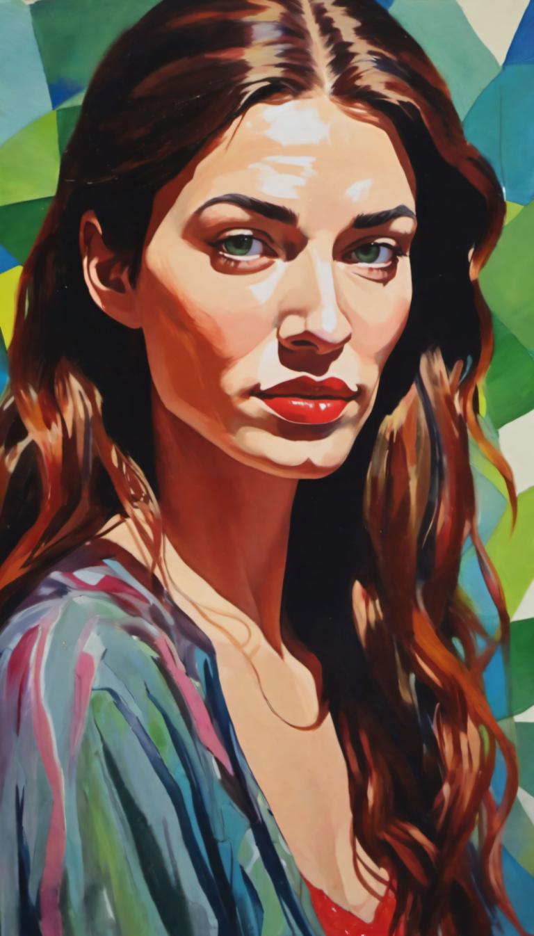 Gouache,Gouache, People, woman, 1girl, solo, long hair, brown hair, red lips, looking at viewer, lipstick