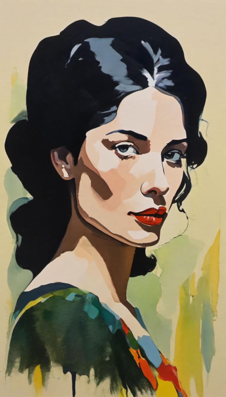 Gouache,Gouache, People, woman, 1girl, solo, black hair, red lips, lipstick, makeup, looking at viewer