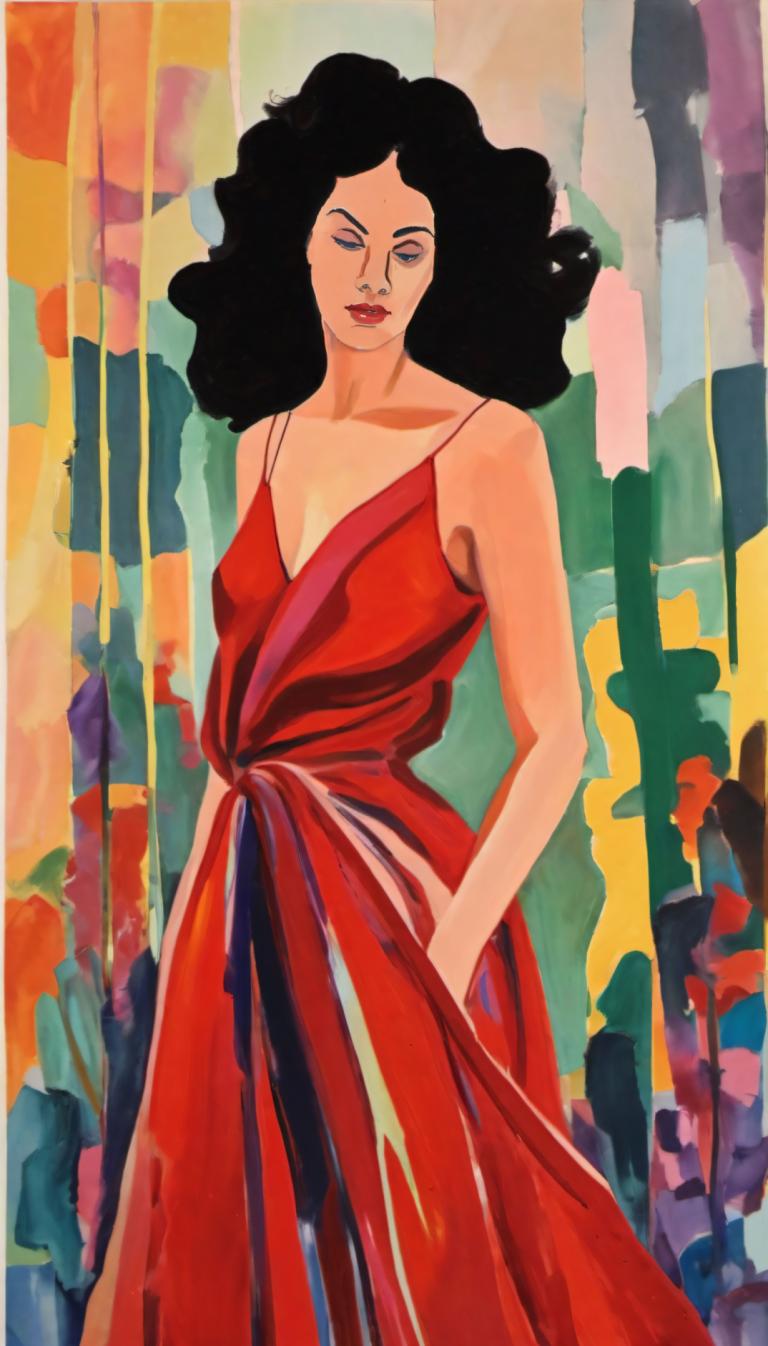 Gouache,Gouache, People, woman, 1girl, solo, dress, black hair, red dress, makeup, long hair