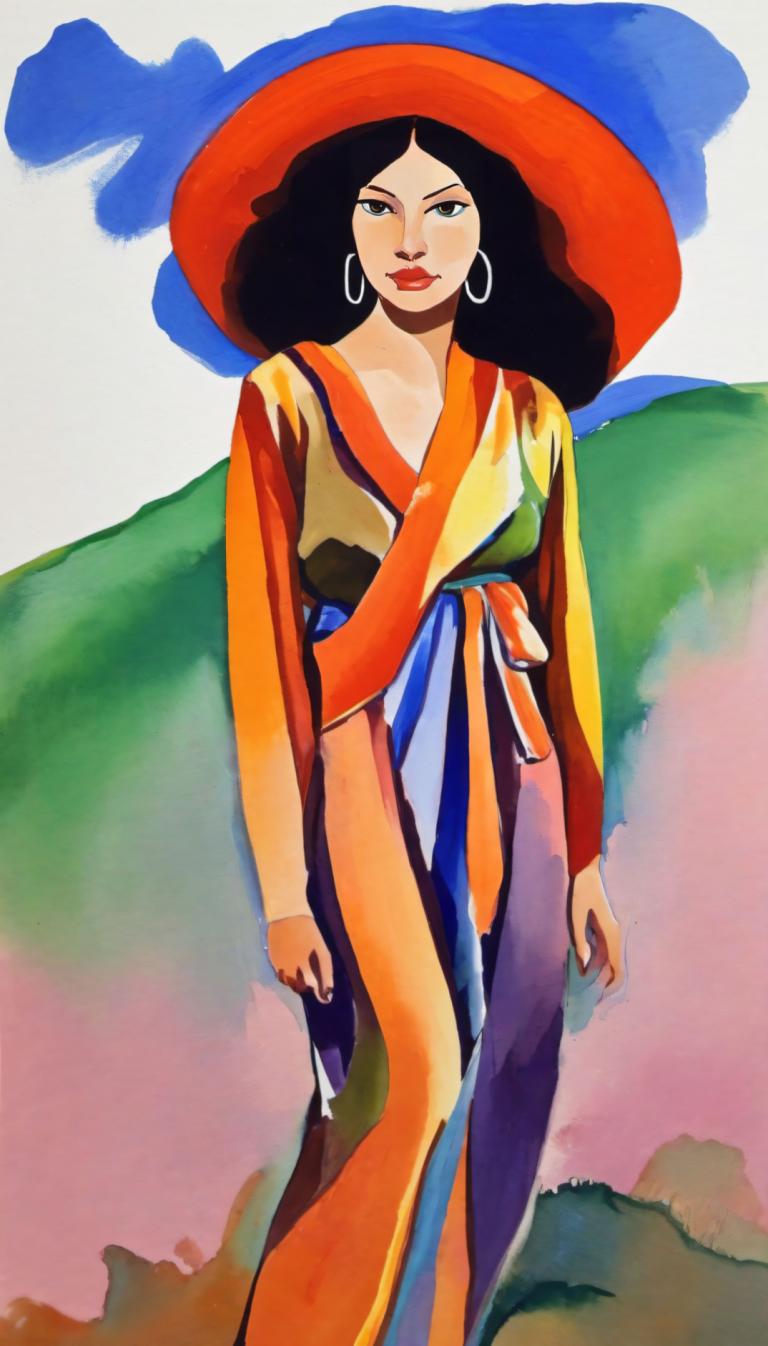 Gouache,Gouache, People, woman, 1girl, solo, jewelry, earrings, hat, black hair, long hair, hoop earrings