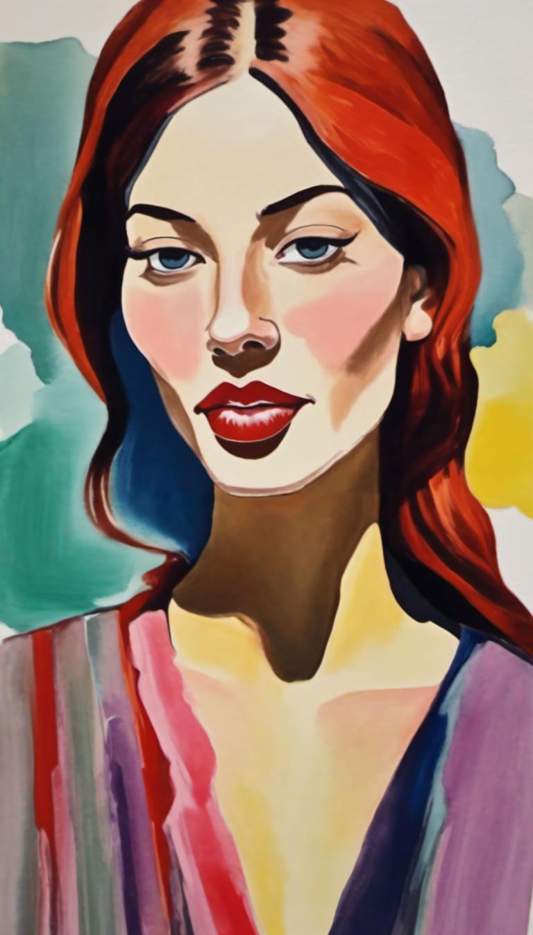 Gouache,Gouache, People, woman, 1girl, solo, red hair, blue eyes, makeup, traditional media, red lips