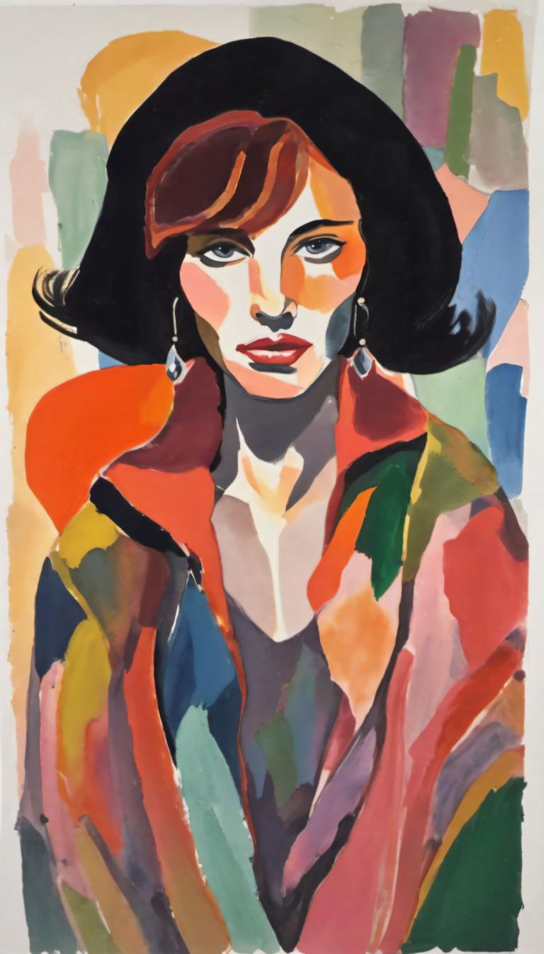 Gouache,Gouache, People, woman, 1girl, solo, earrings, jewelry, black hair, clown, multicolored clothes