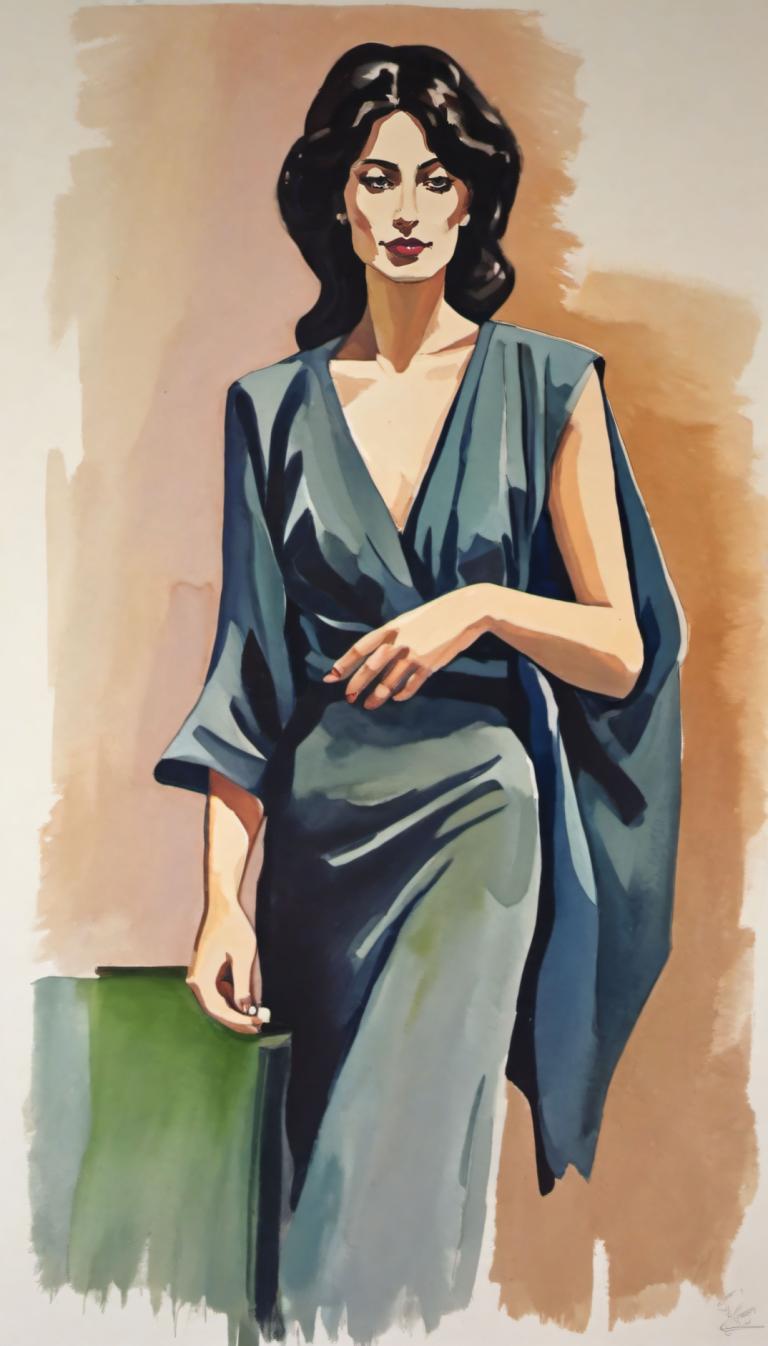 Gouache,Gouache, People, woman, 1girl, solo, black hair, long hair, dress, looking at viewer, black eyes