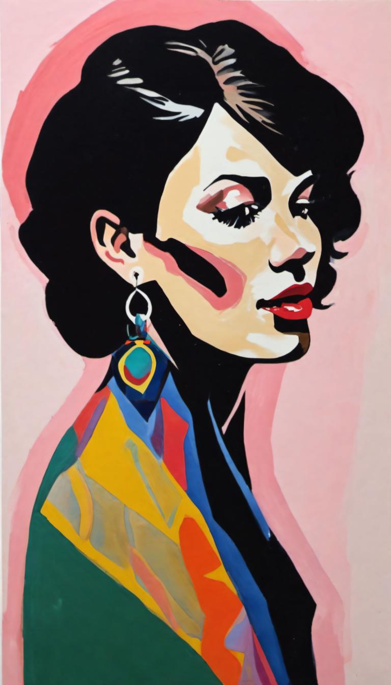 Gouache,Gouache, People, woman, 1girl, solo, black hair, jewelry, earrings, shadow, red lips, makeup