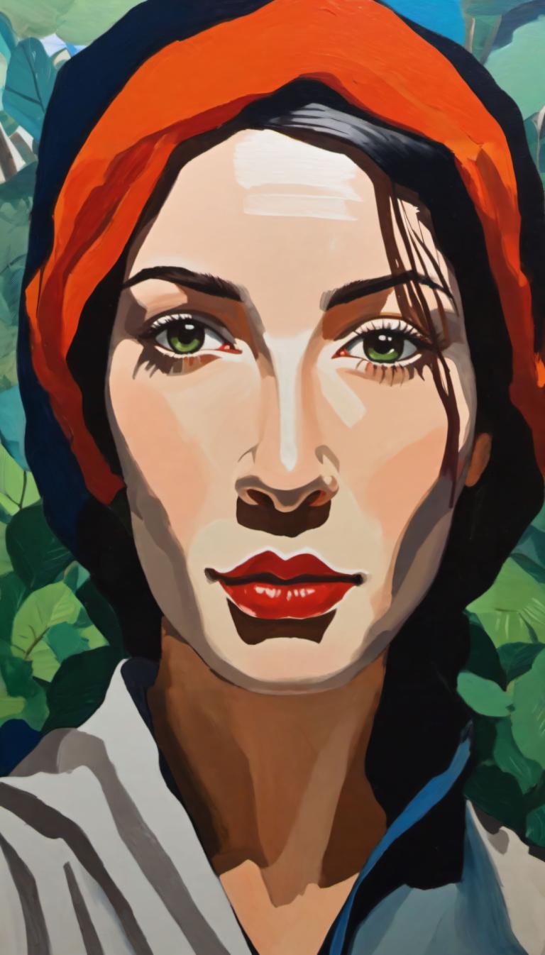 Gouache,Gouache, People, woman, 1girl, solo, green eyes, black hair, red lips, makeup, lipstick