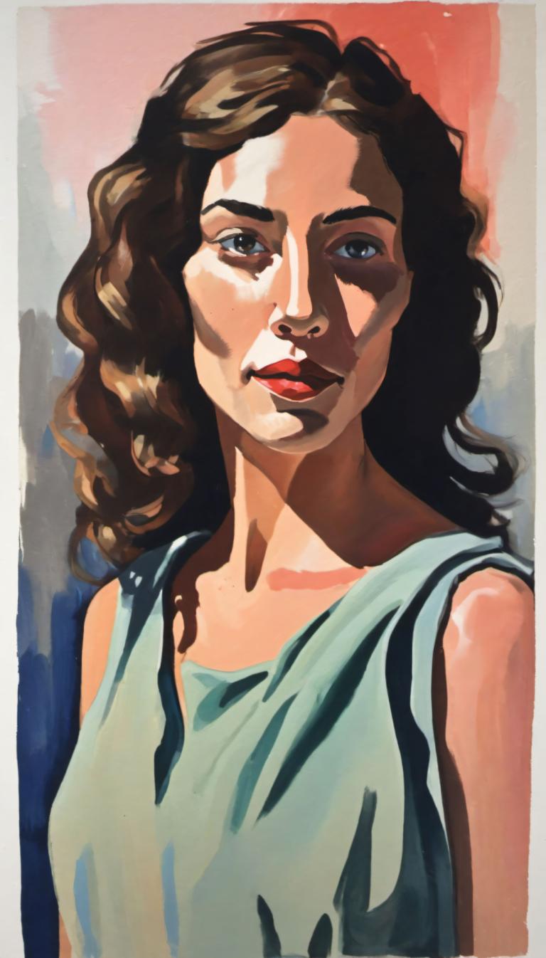 Gouache,Gouache, People, woman, 1girl, solo, brown hair, long hair, upper body, blue eyes, red lips, shirt