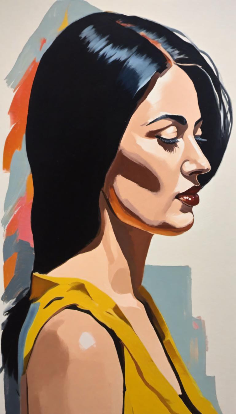 Gouache,Gouache, People, woman, 1girl, solo, black hair, long hair, closed eyes, upper body, lips, from side