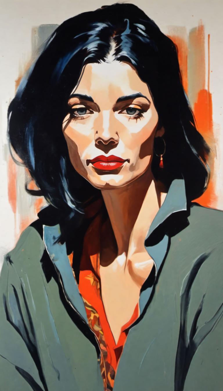 Gouache,Gouache, People, woman, 1girl, solo, black hair, earrings, jewelry, red lips, makeup, lipstick