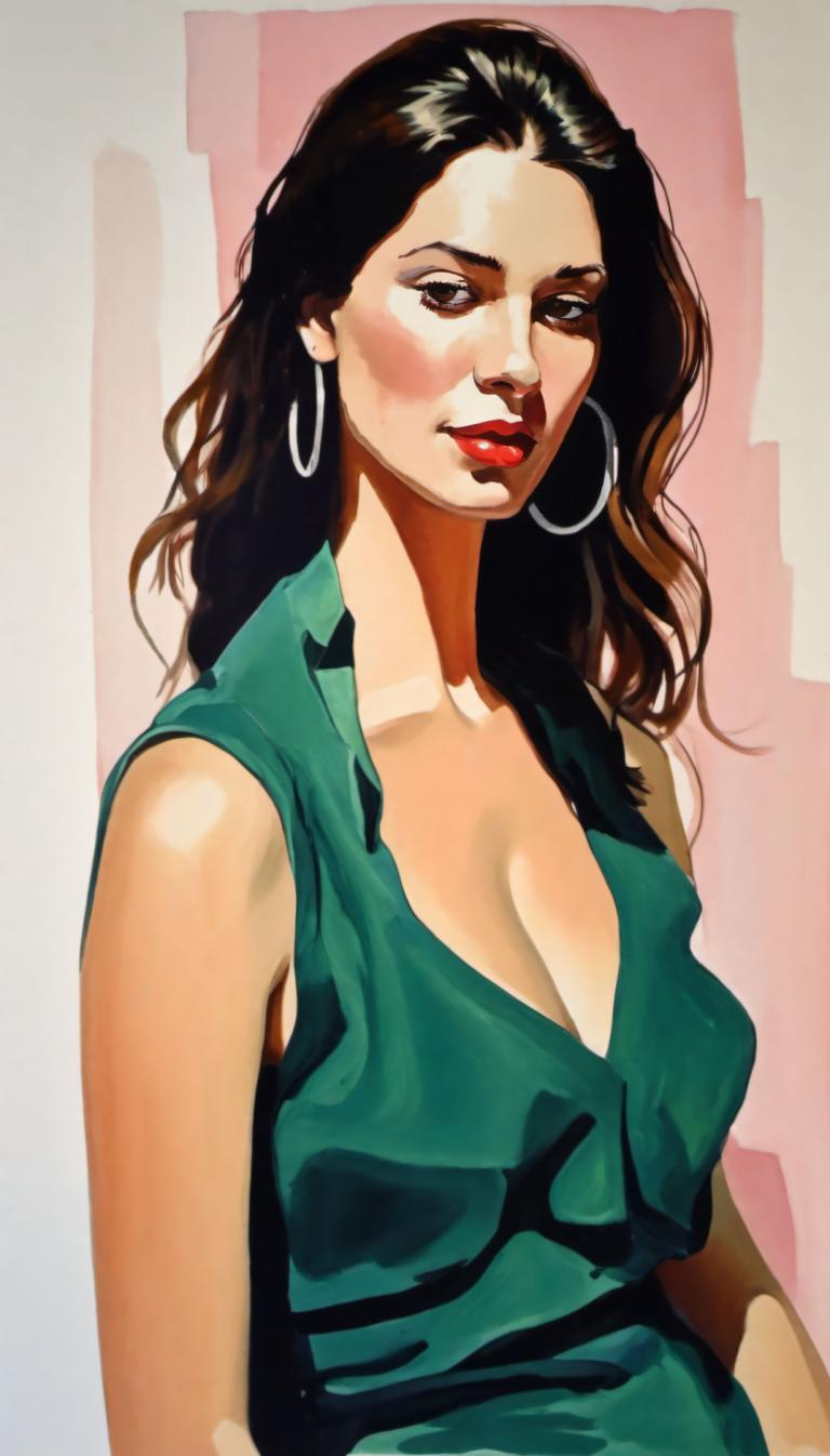 Gouache,Gouache, People, woman, 1girl, solo, jewelry, earrings, breasts, cleavage, black hair, hoop earrings