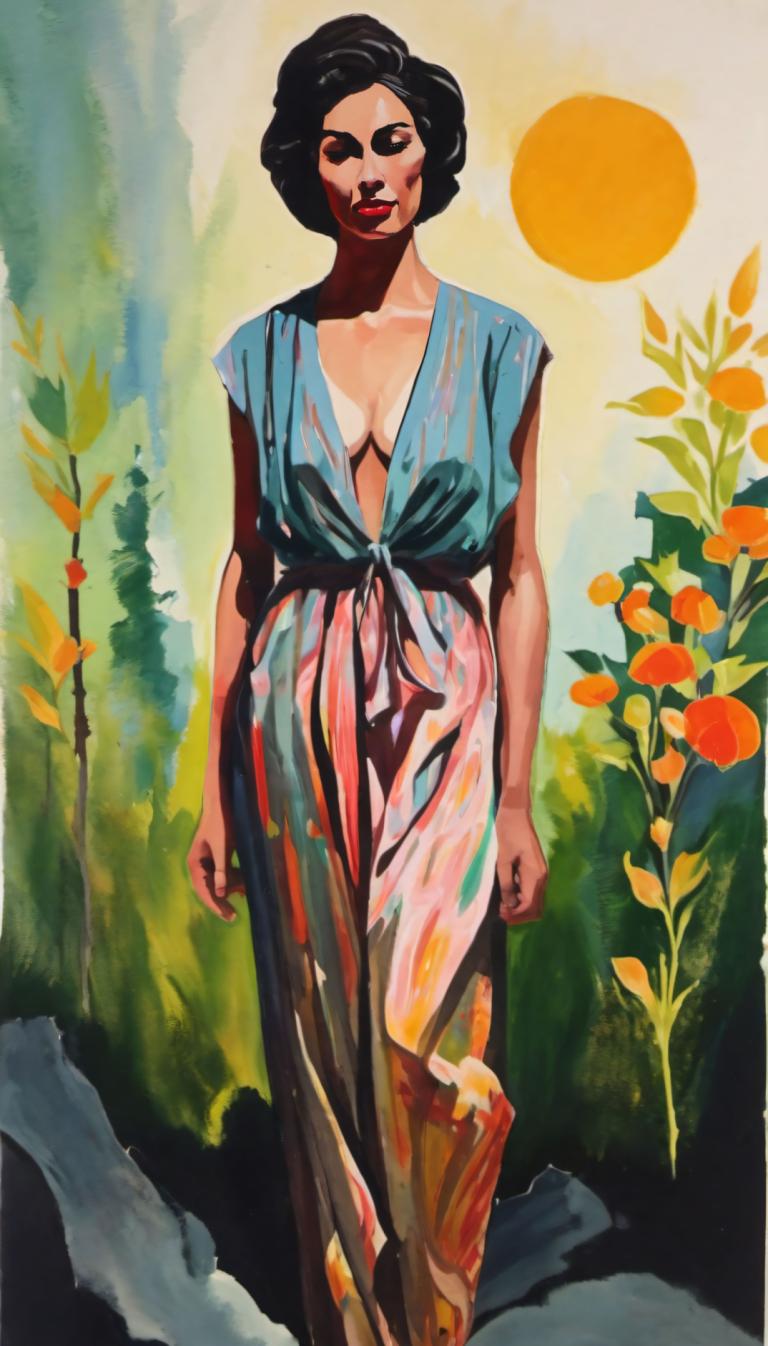 Gouache,Gouache, People, woman, 1girl, solo, black hair, breasts, cleavage, plant, standing