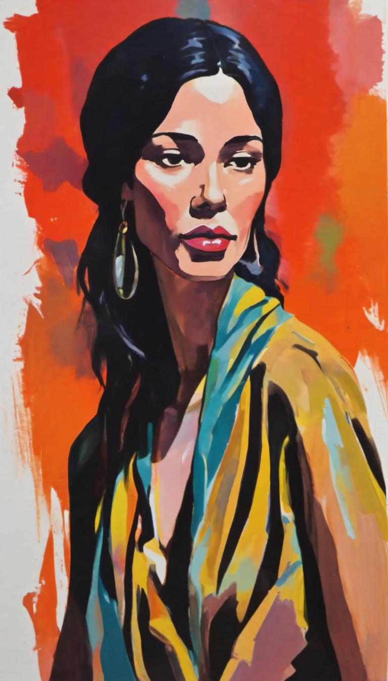 Gouache,Gouache, People, woman, 1girl, solo, jewelry, earrings, black hair, long hair, upper body, red lips